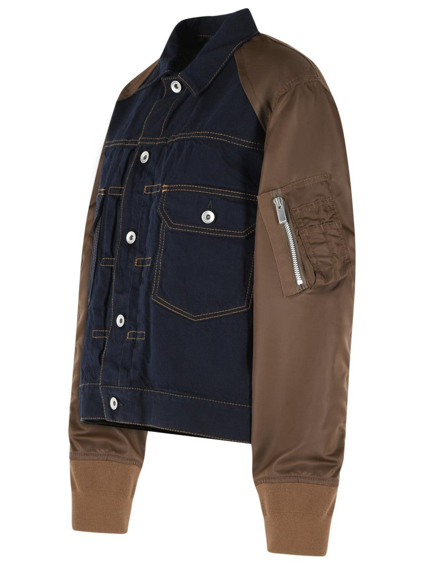 Sacai Navy And Brown Cotton-Polyester Jacket With Denim Front Panel