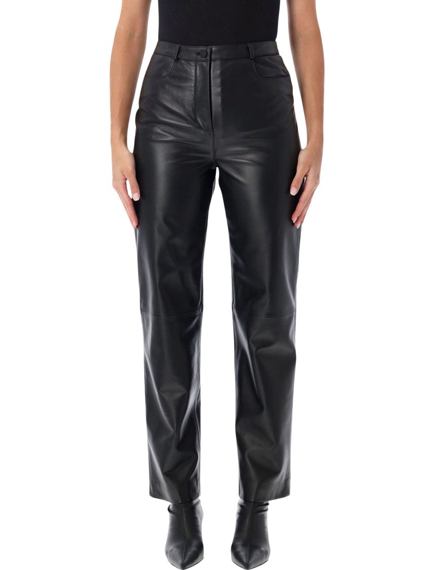 Loulou De Saison Straight Cut Lambskin Leather Pants With Mid-Rise Waist