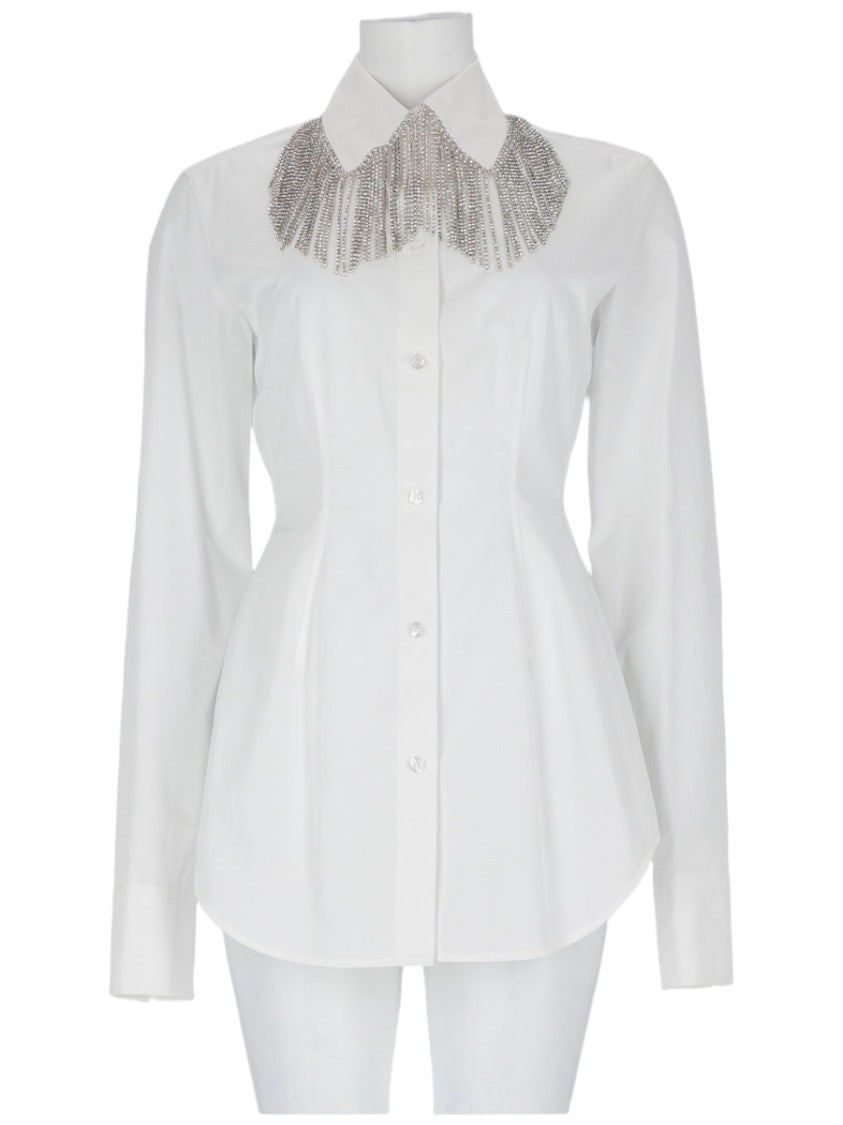 Sportmax Tailored White Shirt With Jewel-Embellished Collar And Silver Fringe
