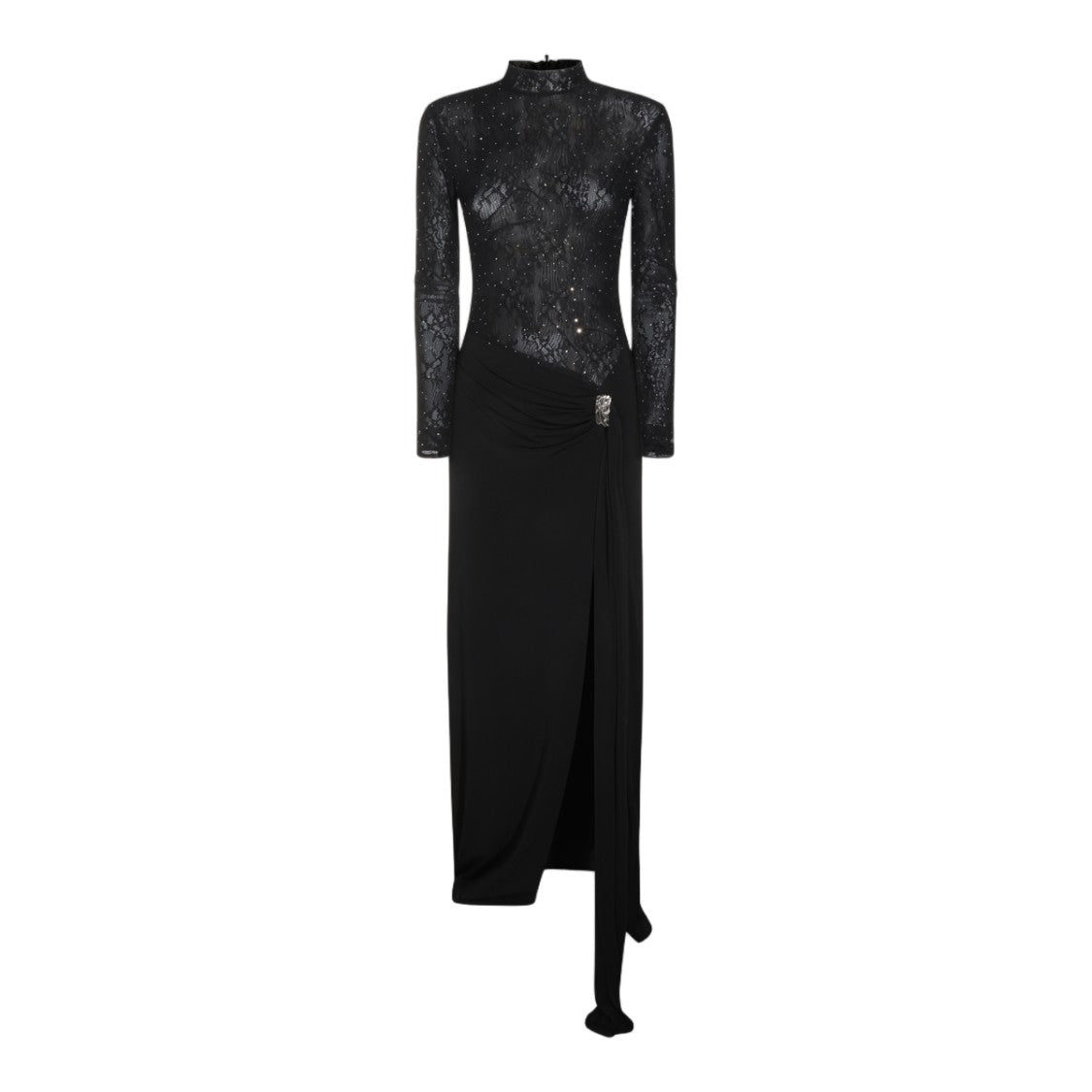 Nissa Draped Asymmetrical Hem Lace Bodice Fitted Dress