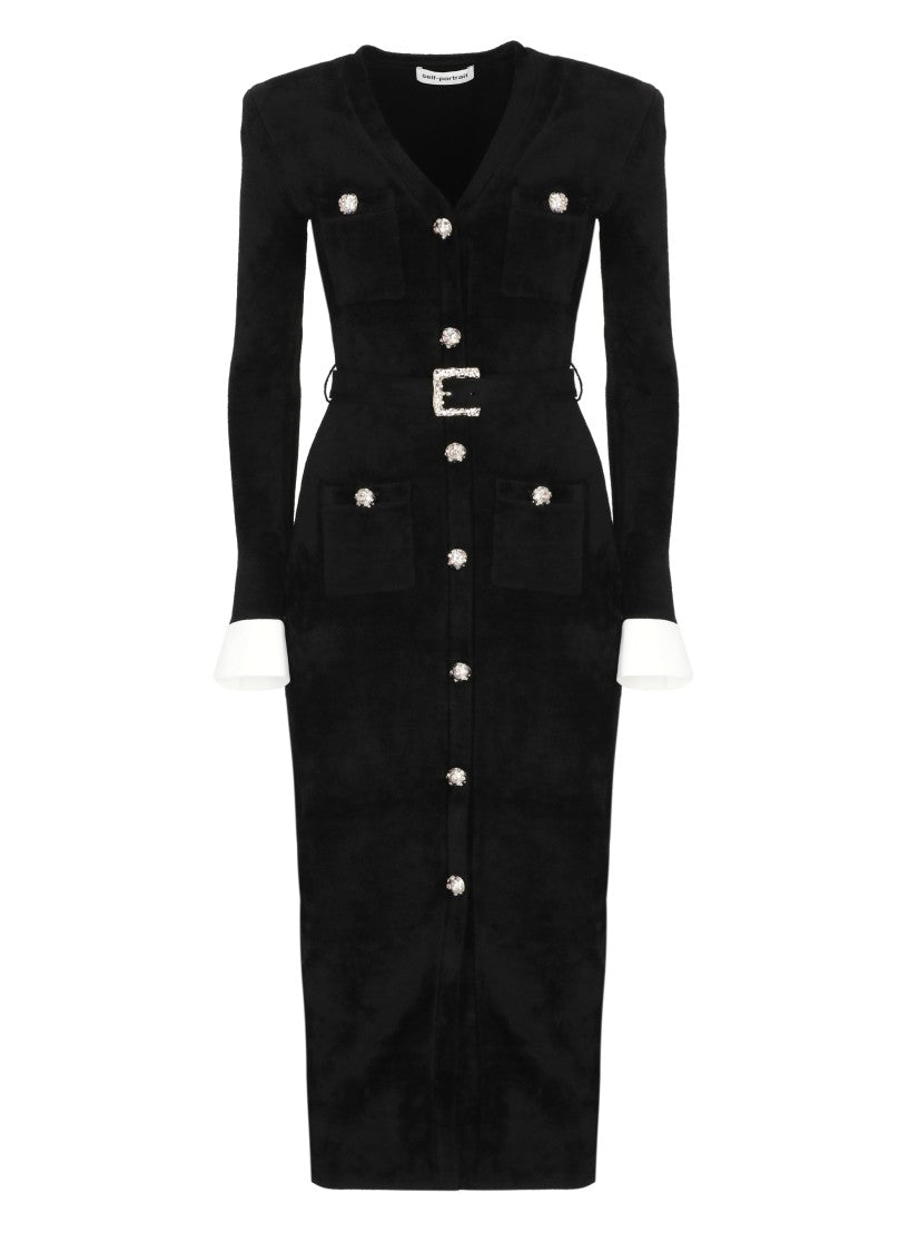 Self-Portrait Fitted Chenille Long Dress With Jeweled Accents