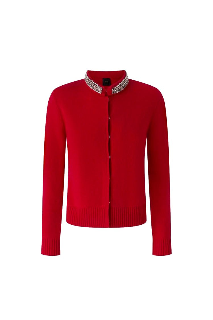 Pinko Red Embellished Collar Wool-Blend Cardigan