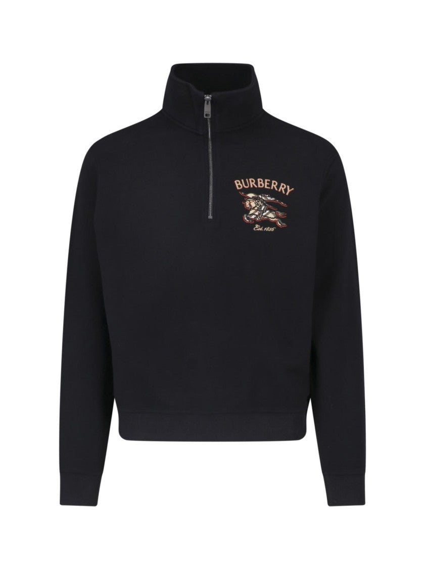 Burberry High Collar Half-Zip Black Cotton Sweatshirt With Knight Motif