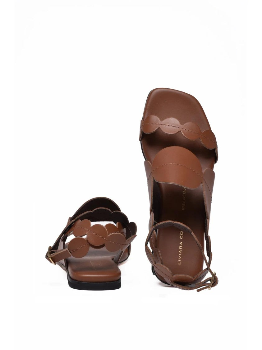 Liviana Conti Brown Minimalist Scalloped Strap Flat Leather Sandals