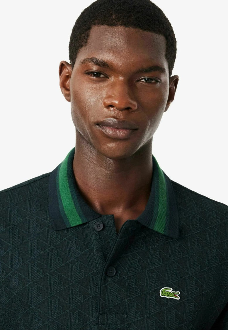 Lacoste Dark Green Geometric Striped Polo Shirt