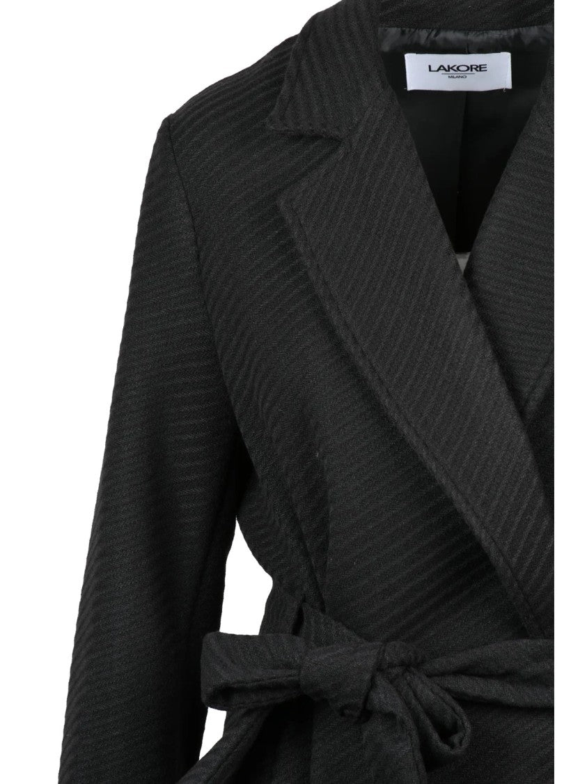 Lakore Black Belted Wool-Blend Long Coat