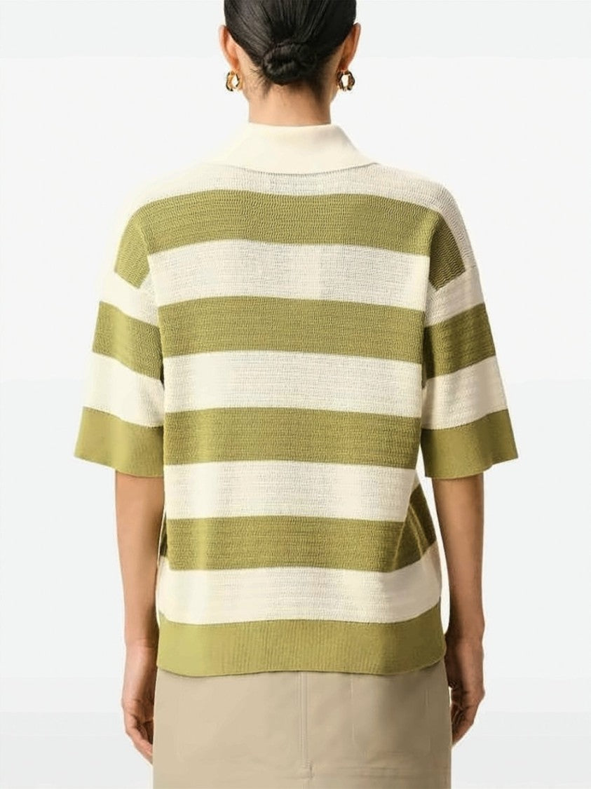 Ami Paris Olive Green Cream Horizontal Striped Polo