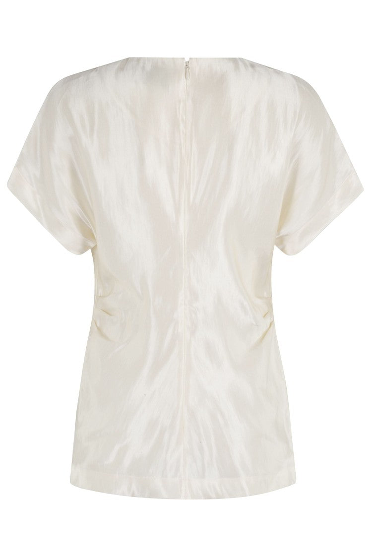 Loulou De Saison Pero Ivory Draped Linen-Silk Short-Sleeve Blouse
