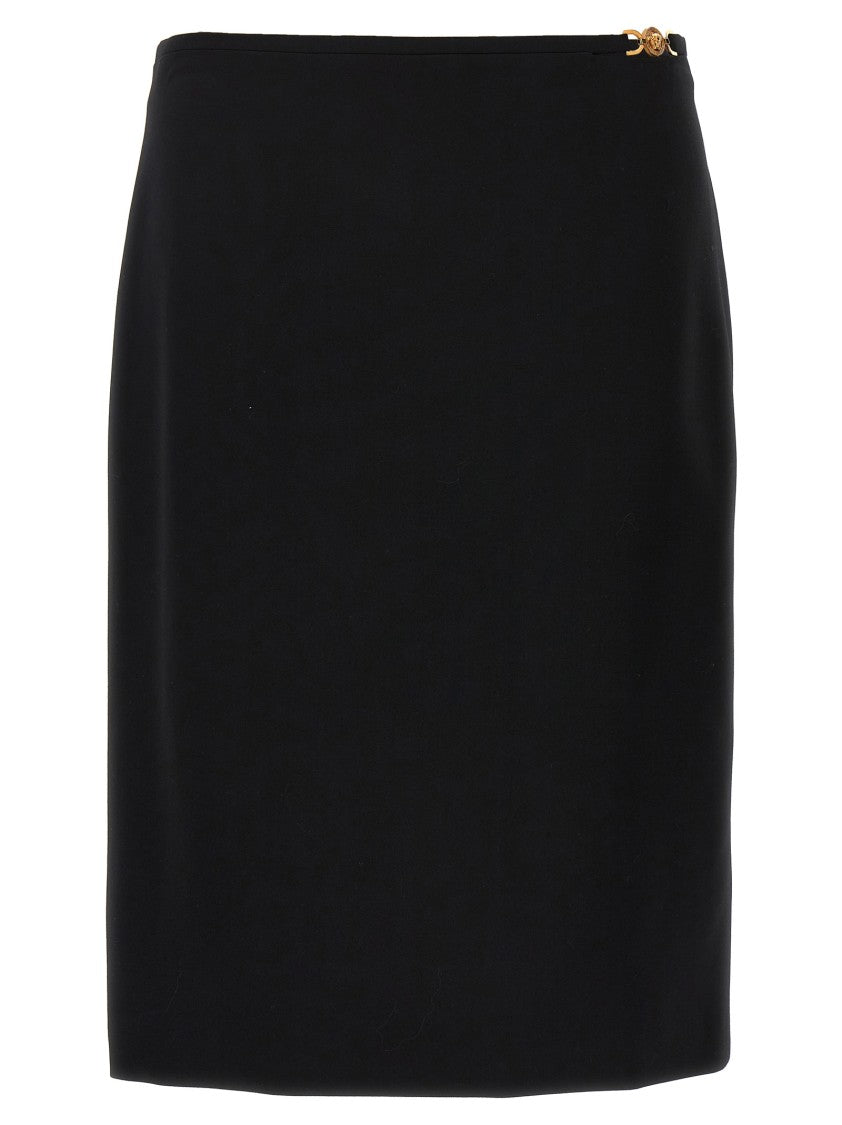 Versace Tailored Stretch Wool Midi Skirt With Logo Detail