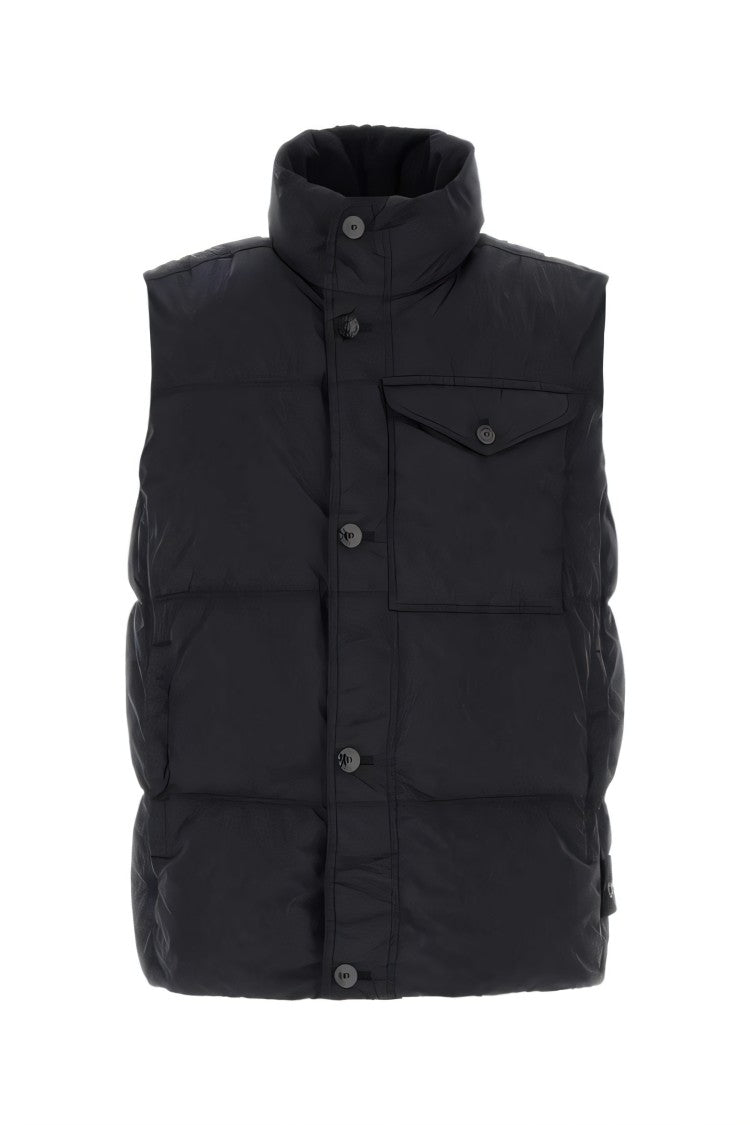 Stone Island Quilted Black Vest With High Collar And Button Closure