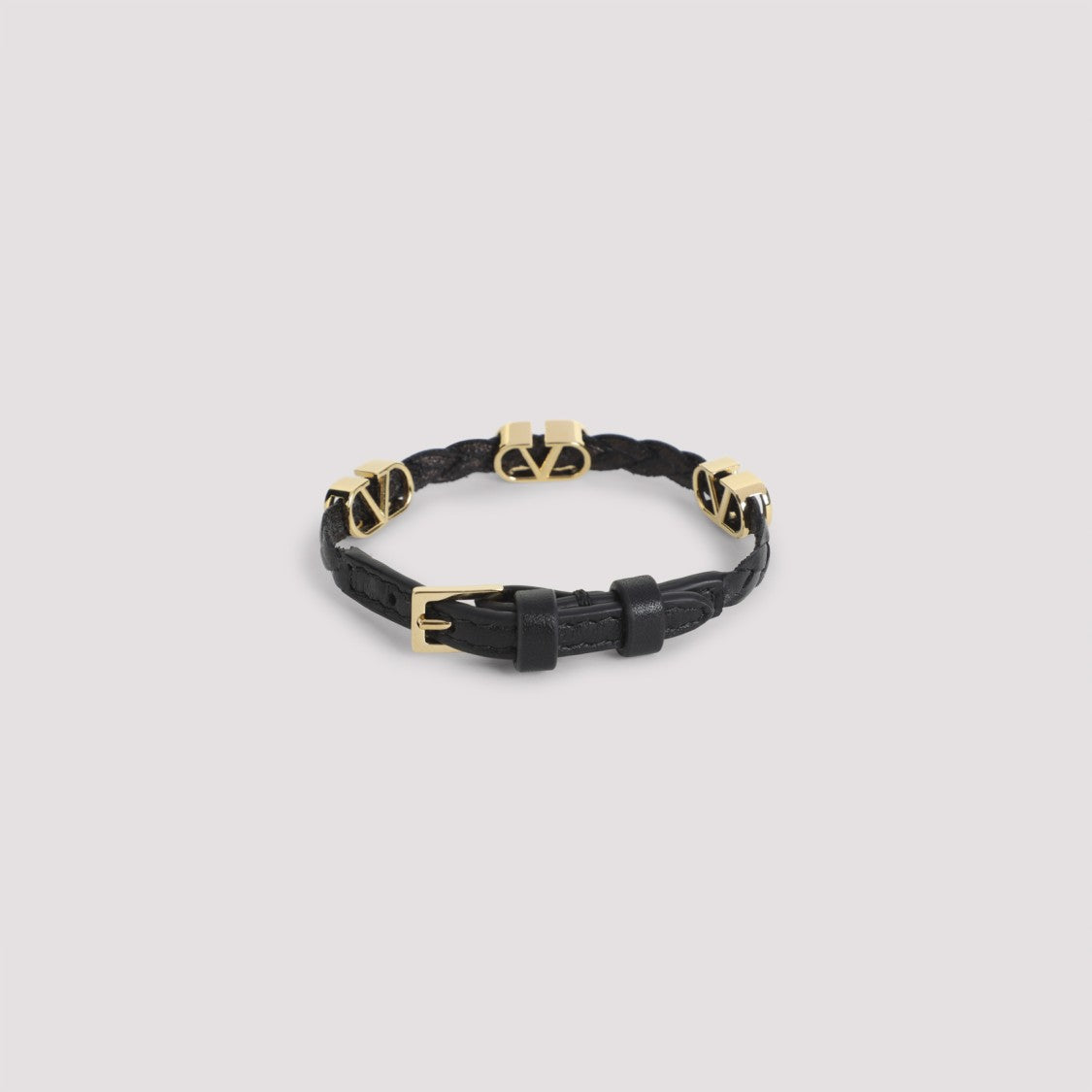 Valentino Garavani Woven Black Leather Bracelet With Gold-Toned Vlogo Charms