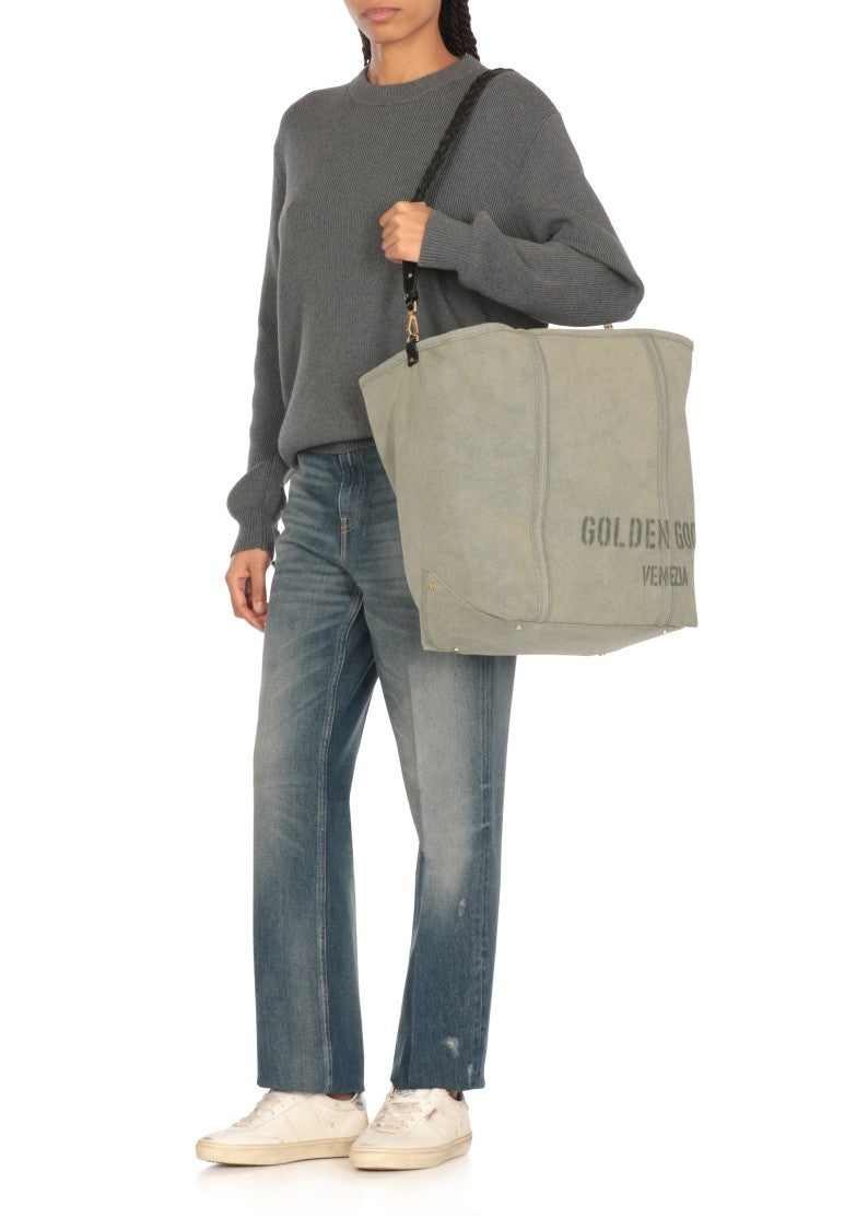 Golden Goose Green Canvas Hand Bag With Printed Logo
