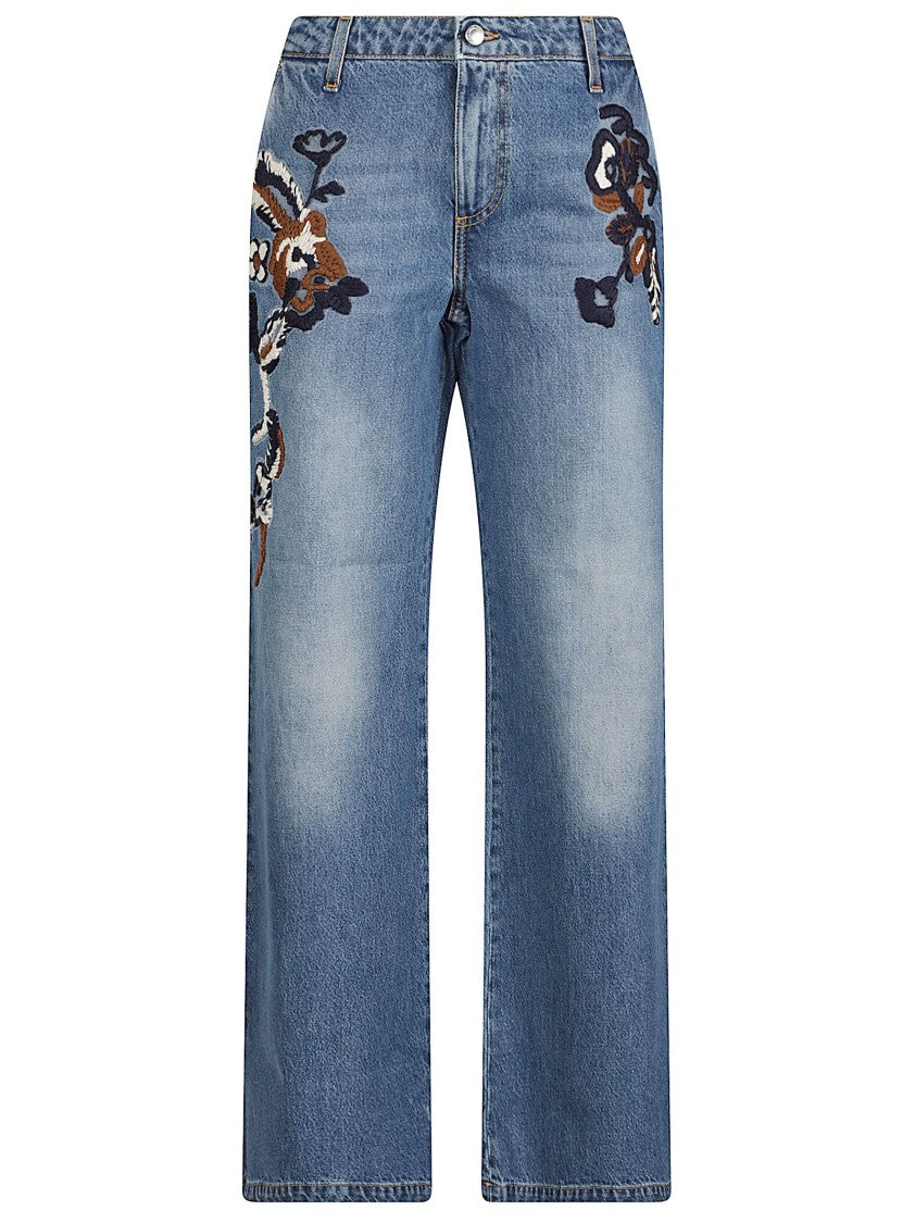 Ermanno Firenze Wide Leg Jeans With Floral Embroidery And High Waist