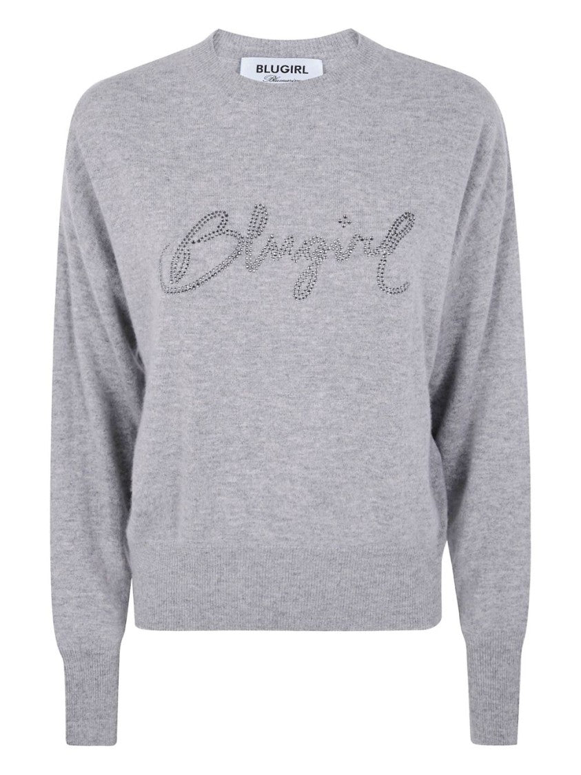 Blugirl Light Grey Knit Sweater With Cursive Logo Embellishment
