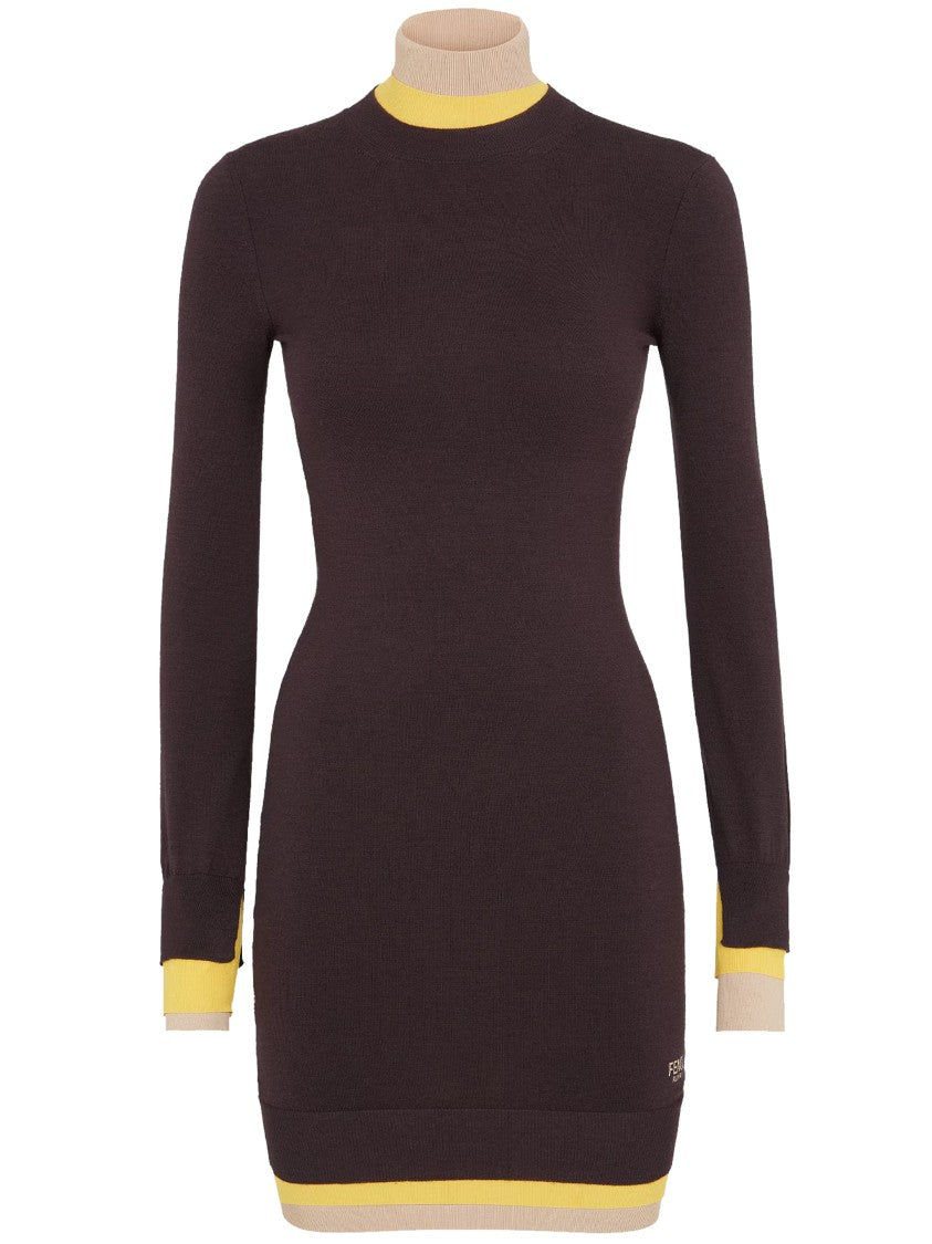 Fendi Dark Purple Wool Trompe-L'œil Ribbed Dress