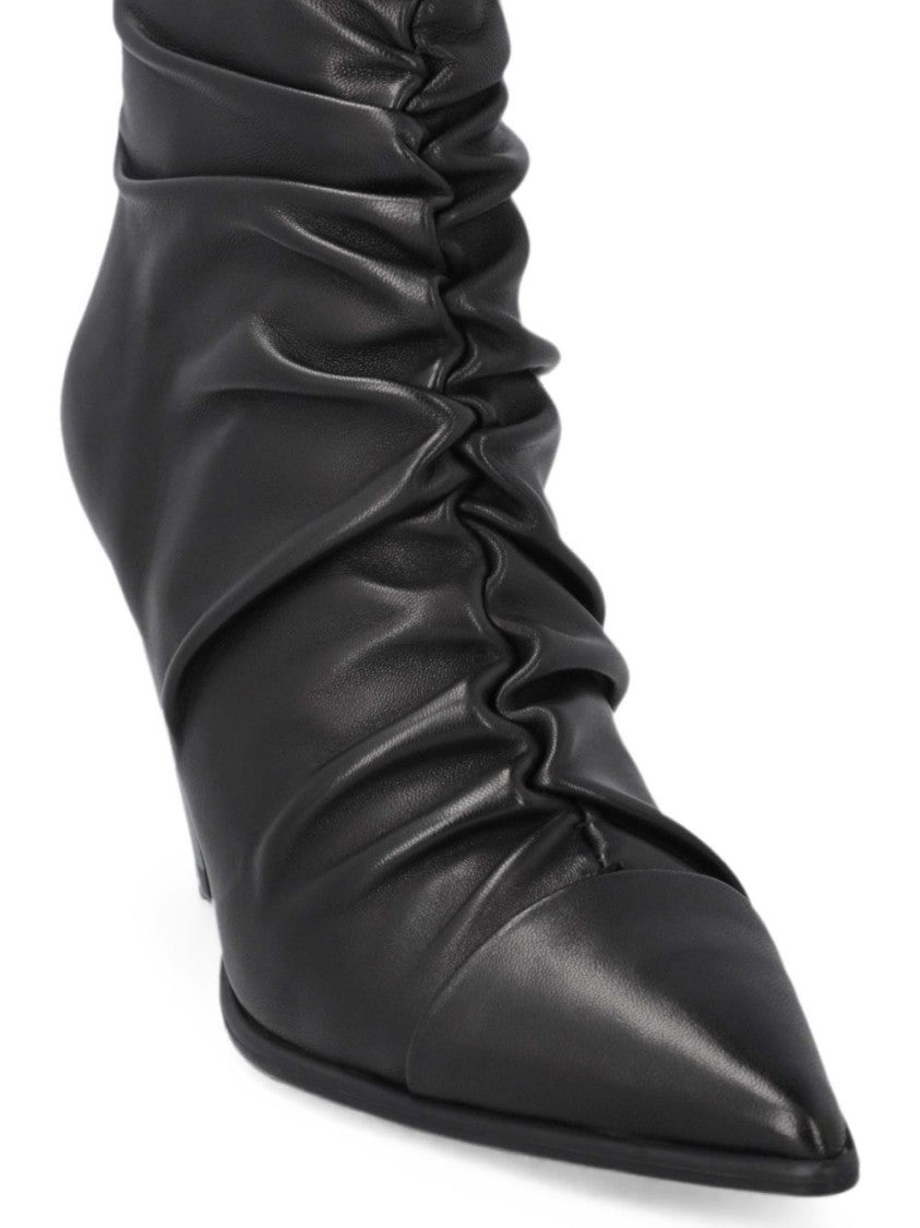Pinko Ruched Leather Pointed-Toe Ankle Boots