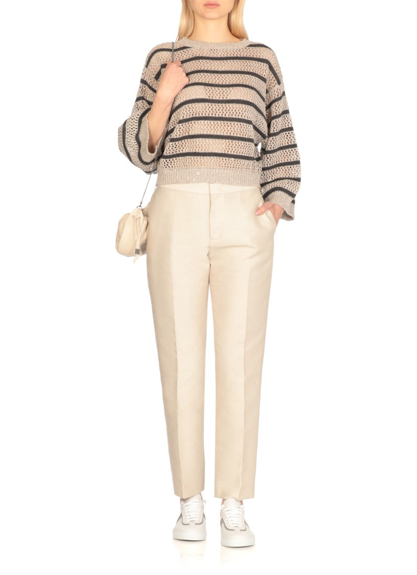Brunello Cucinelli Beige Striped Linen And Cotton Sweater