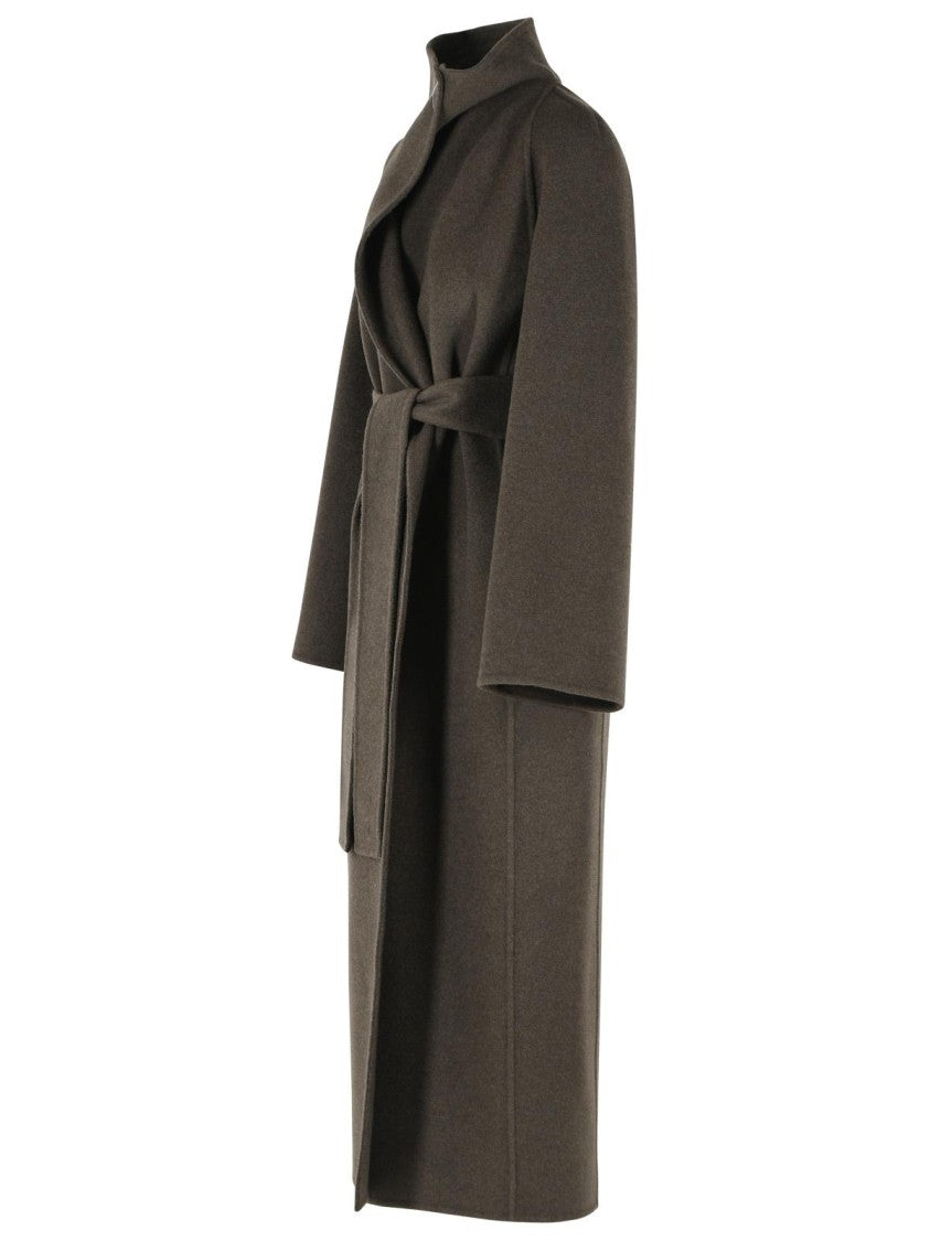 Khaite Raised Neck Green Wool Coat With Matching Belt And Side Pockets