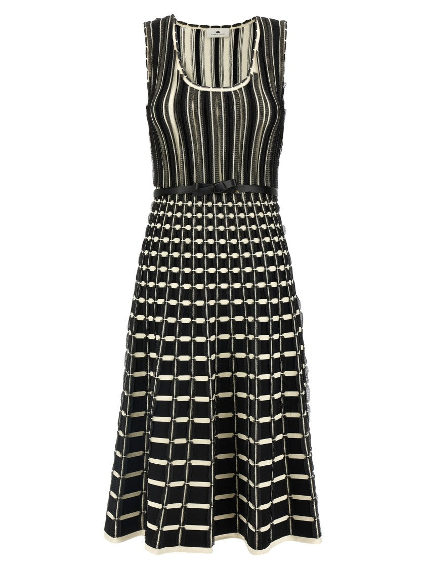 Elisabetta Franchi Organza-Appliqué Striped Knit Midi Dress
