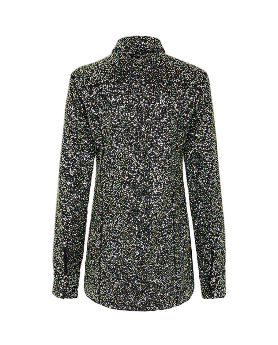 Rabanne Long-Sleeved Black Shirt With Sparkling Appliques And Button Closure