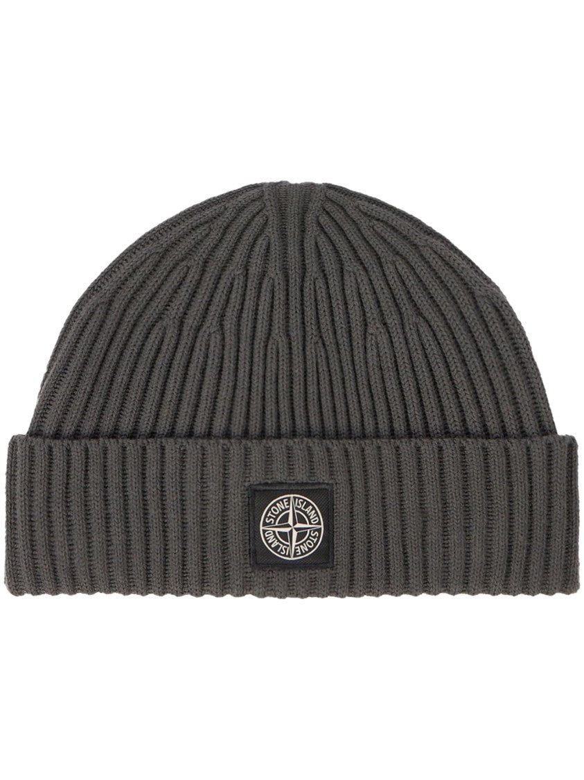 Stone Island Ribbed Knit Beanie With Folded Cuff And Logo Patch