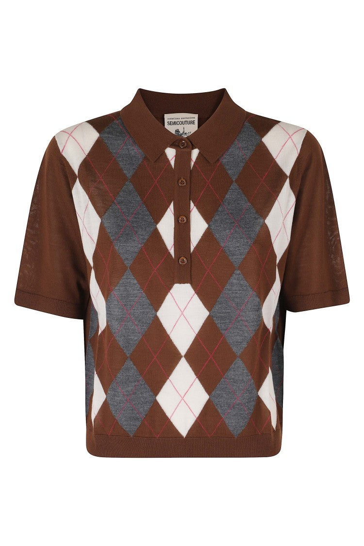 Semi Couture Polo Neck Sweater With Checkered Pattern And Button Closure