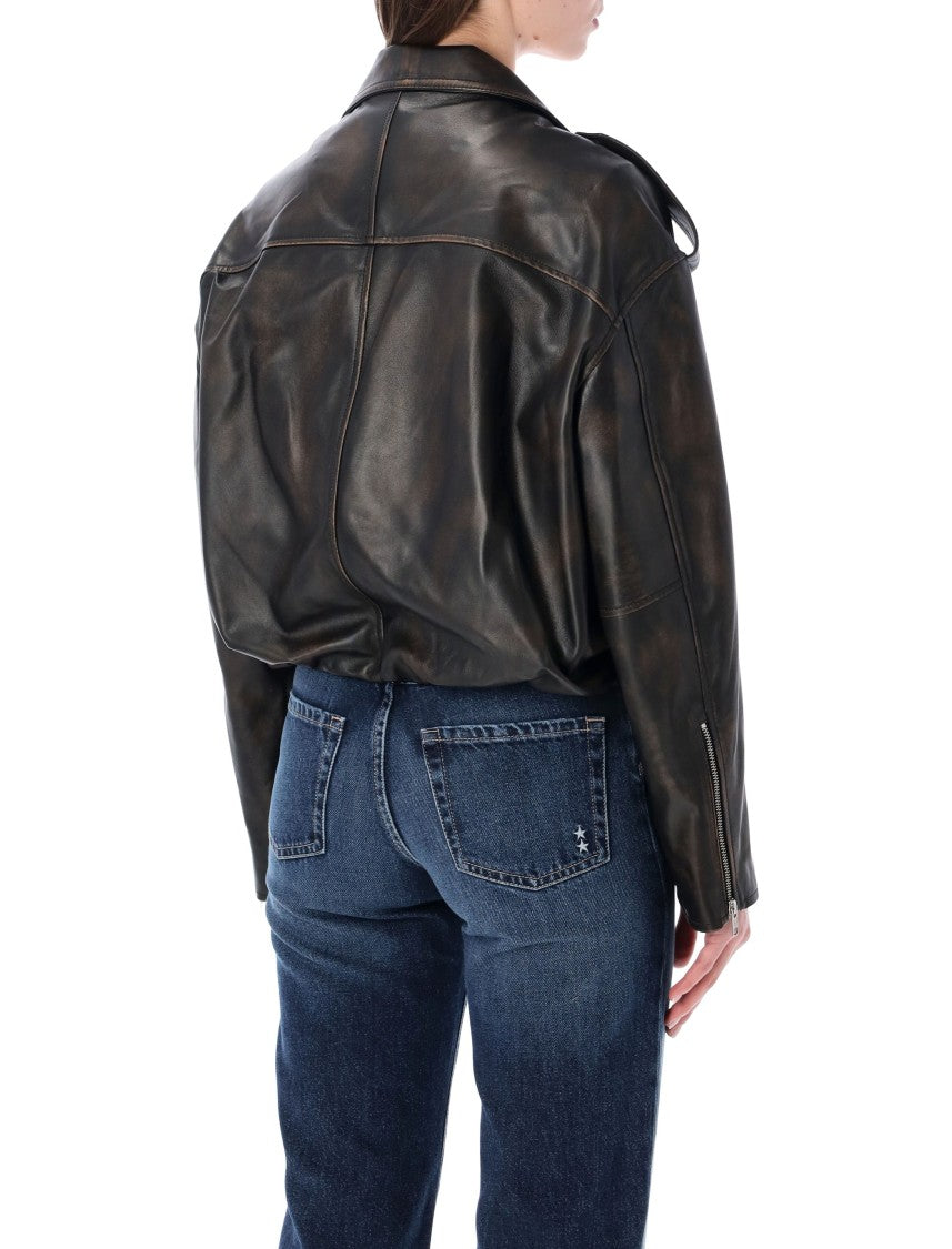 Sword Elastic Hem Leather Bomber Jacket