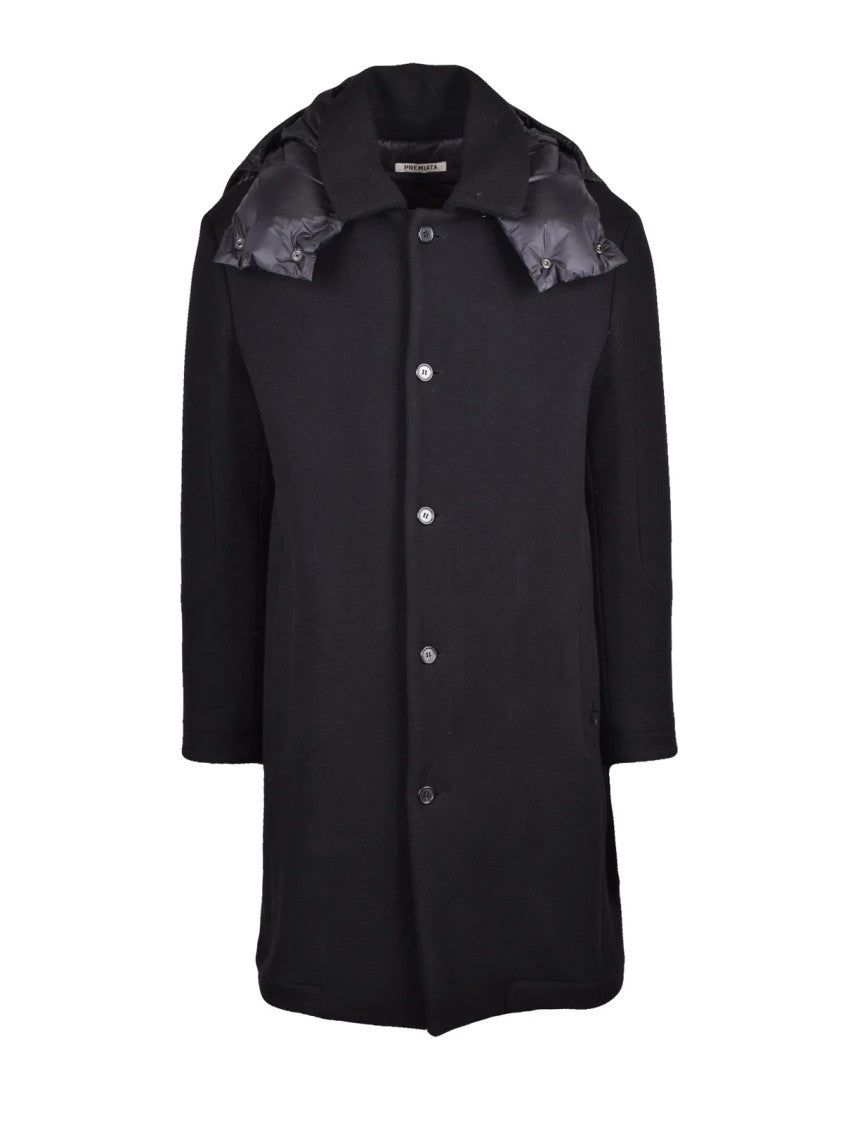 Premiata Black Mid-Length Detachable Hood Virgin Wool Coat