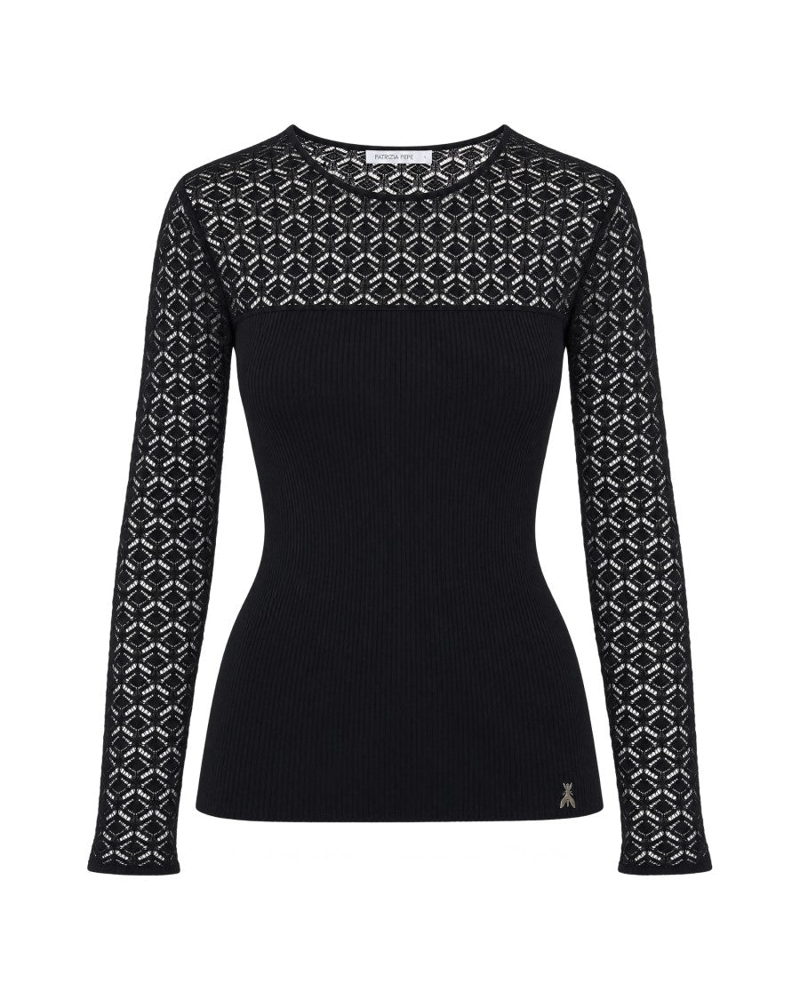 Patrizia Pepe Black Slim Lace-Effect Ribbed Cotton Top