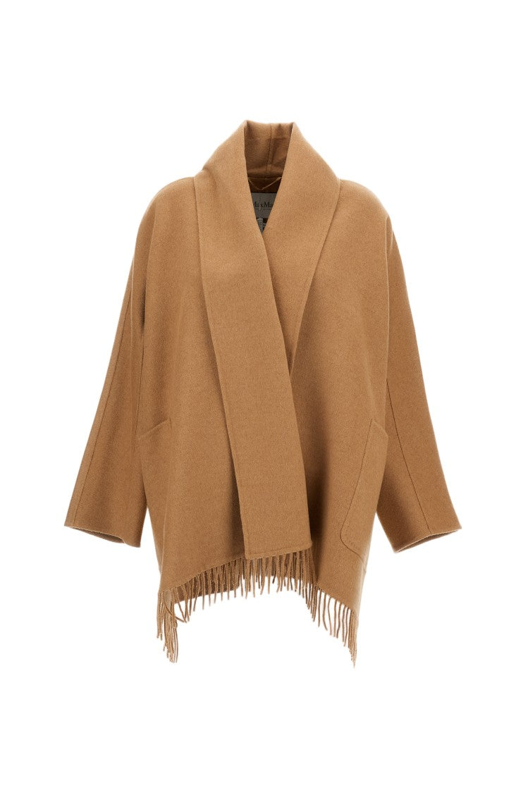 Max Mara Short Camel Hair Cardigan Coat With Fringed Hem