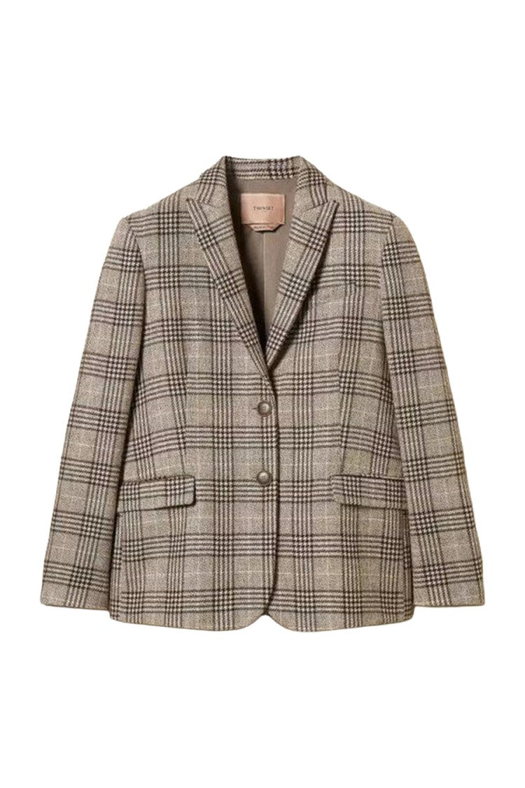 Twin-Set Grey Wool-Polyester Blend Plaid Check Blazer