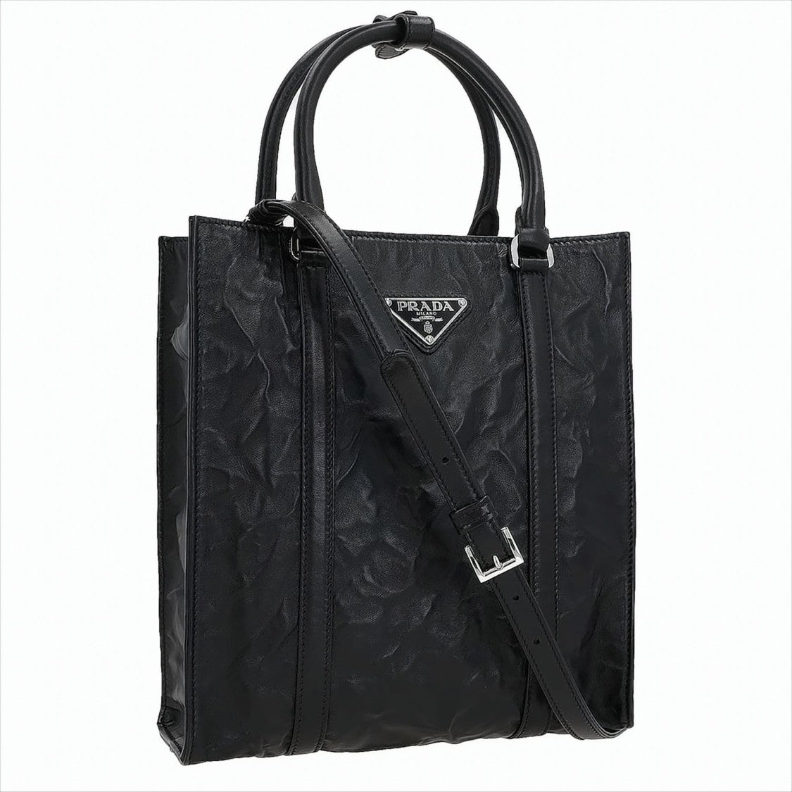 Prada Wrinkled Nappa Leather Mini Tote Bag With Iconic Logo Plaque