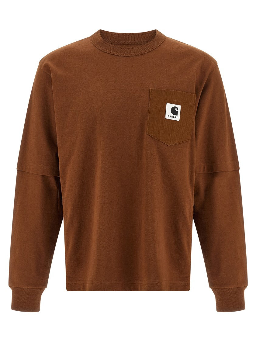 Sacai Double Layered Brown T-Shirt With Canvas Pocket