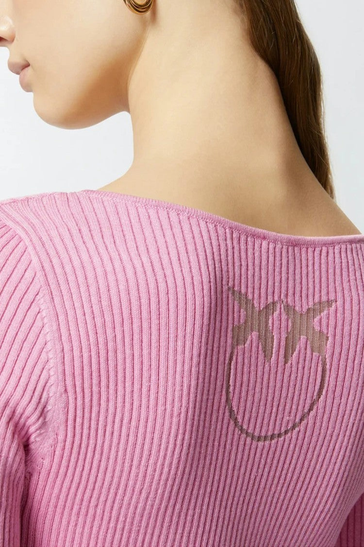 Pinko Pink Scooped Neckline Embroidered Love Birds Silk-Blend Cardigan