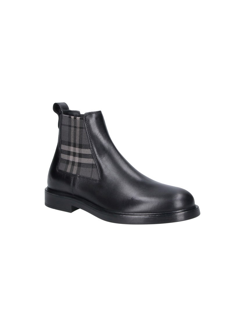 Burberry Black Calf Leather Check Inserts Rounded Toe Ankle Boots