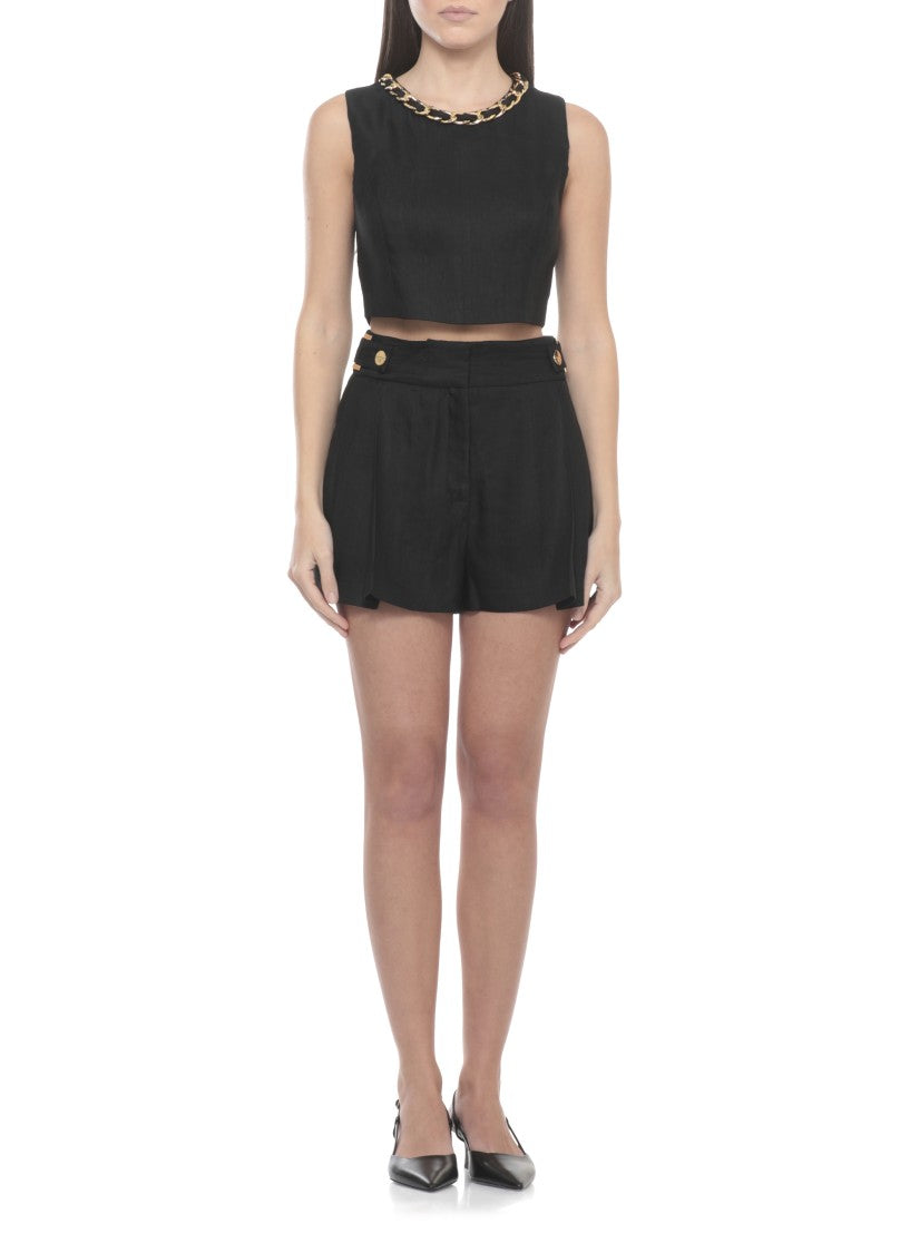Elisabetta Franchi Black Chain Detail Linen Tank Top