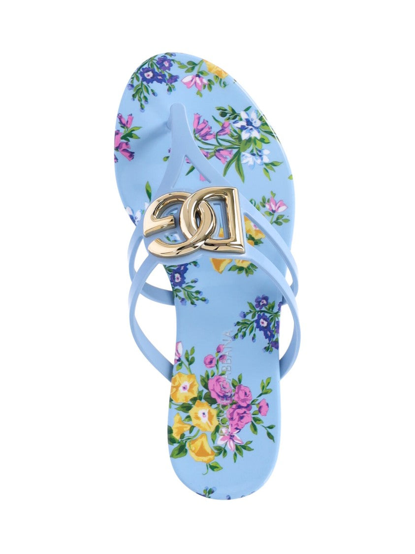 Dolce & Gabbana Light Blue Floral Print Logo Sandals