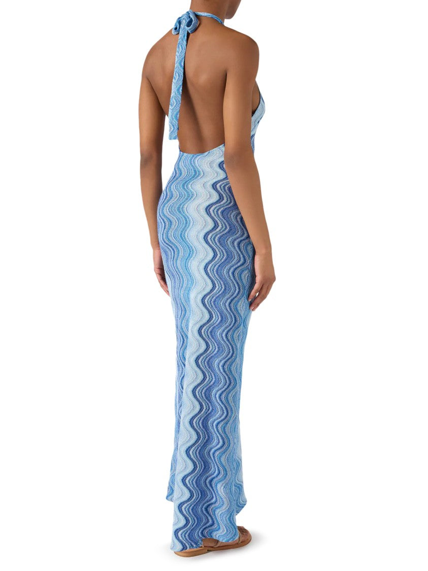 Mc2 Saint Barth Halter Neck Maxi Dress With Wavy Abstract Pattern
