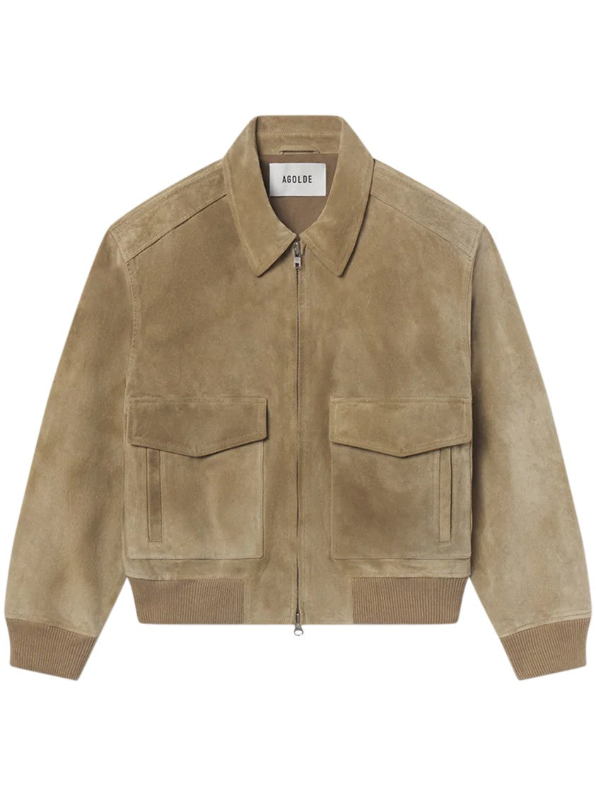 Agolde Cropped Boxy Suede Bomber Jacket With Classic Collar