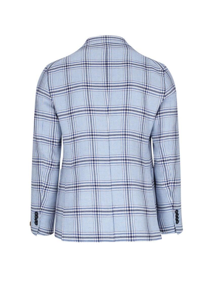 Tagliatore Light Blue Checkered Cotton-Linen Blazer