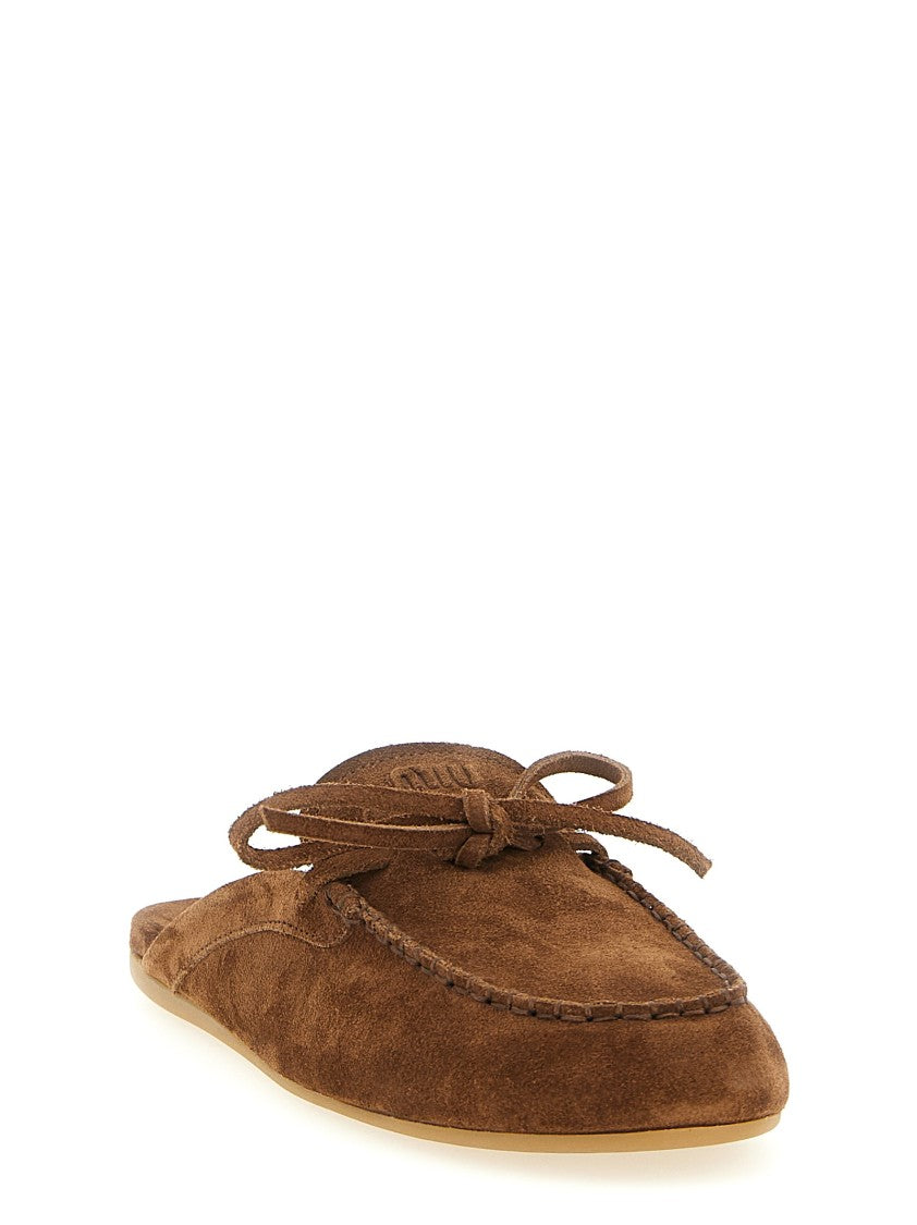 Miu Miu Suede Sabots With Rounded Toe And Decorative Bow