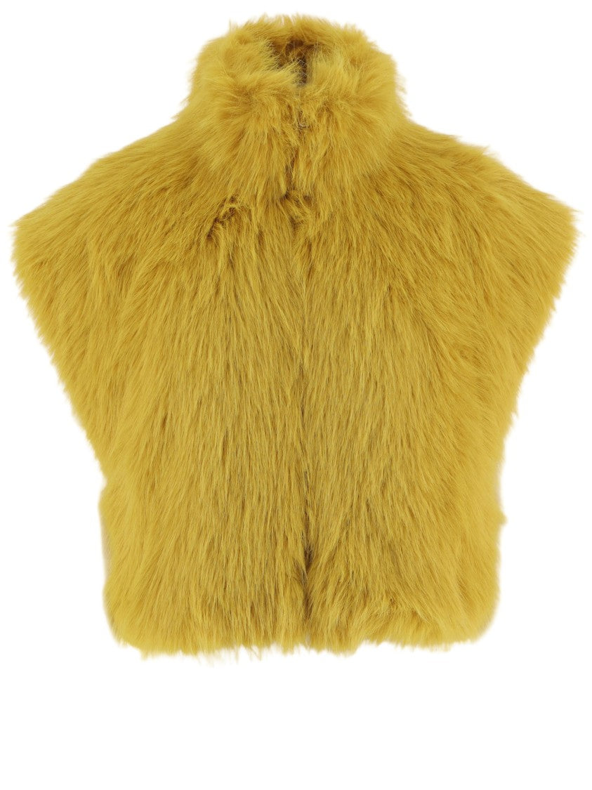 Pinko Cropped Mustard Yellow Faux Fur Jacket With High Neckline