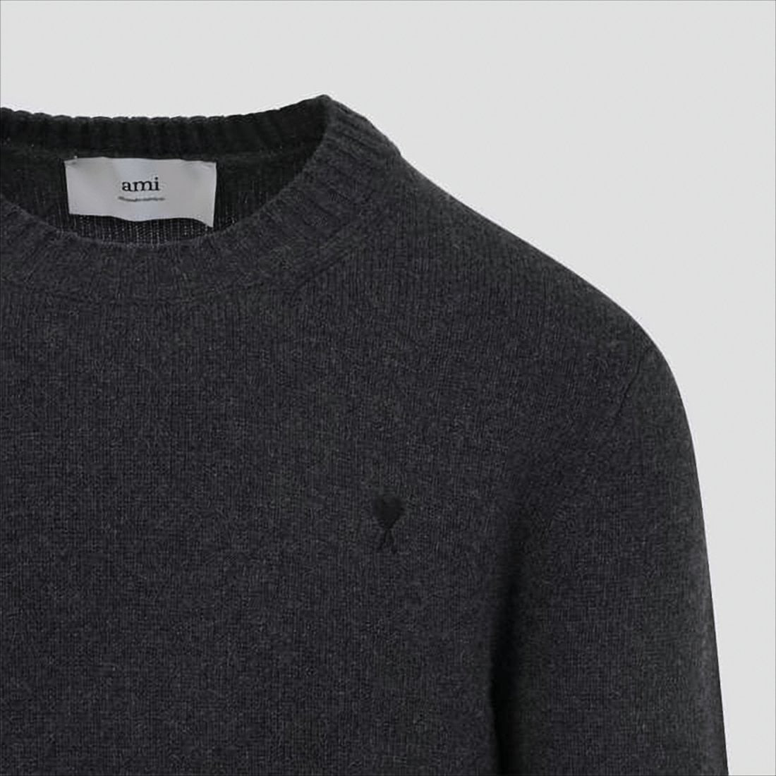 Ami Paris Crew Neck Grey Cashmere Blend Knit Sweater