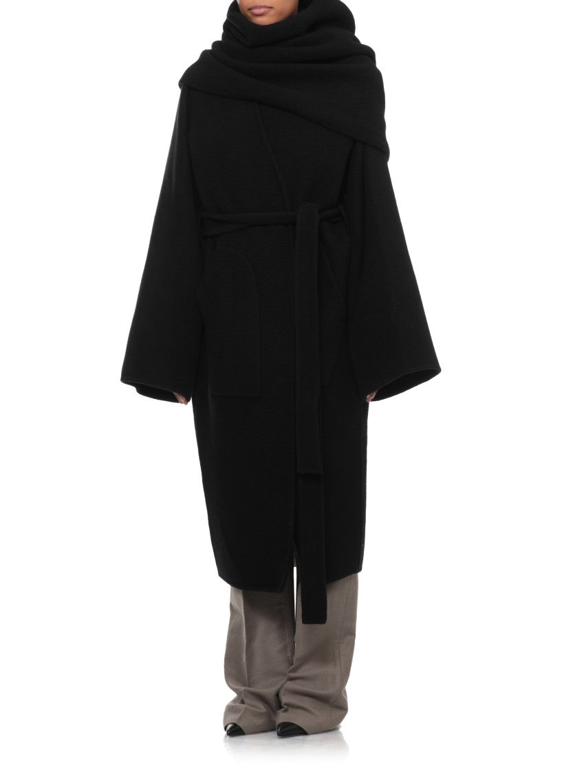 Rick Owens Long Black Cashmere Coat With Distinctive Cape And Matching Belt