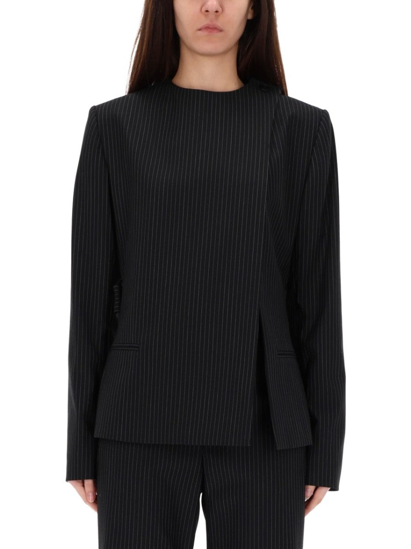Courrèges Neutrals Buckle Pinstripes Shoulder Blazer