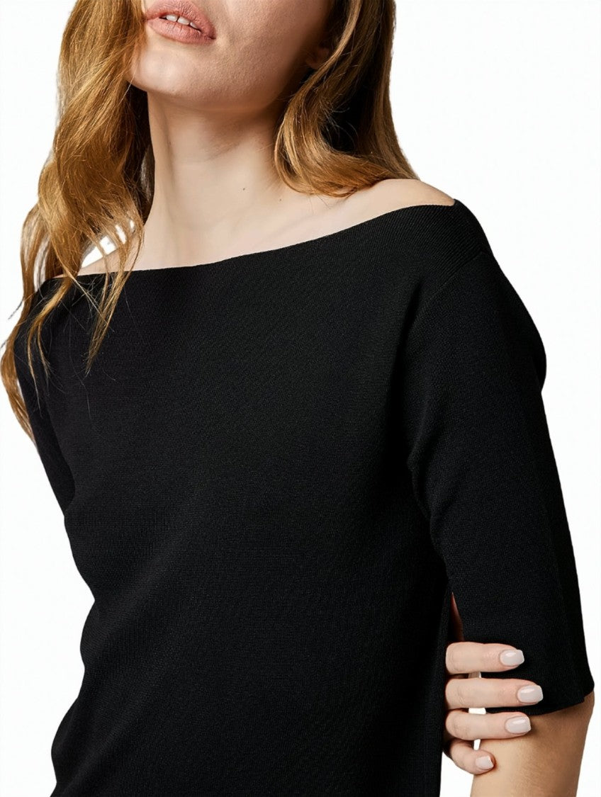 Alpha Studio Elbow-Sleeve Boat-Neck Midi Dress