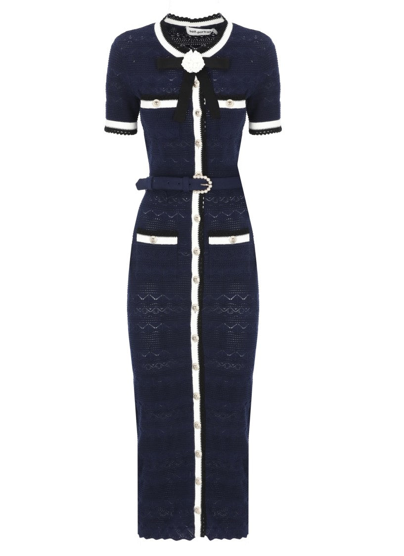 Self-Portrait Pointelle Knit Midi Dress With Decorative Pin And Four Pockets