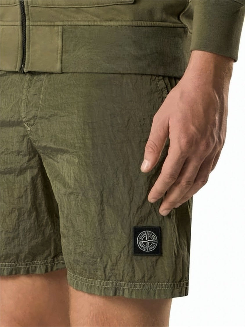 Stone Island Green Polyamide Shorts With Crinkled Texture