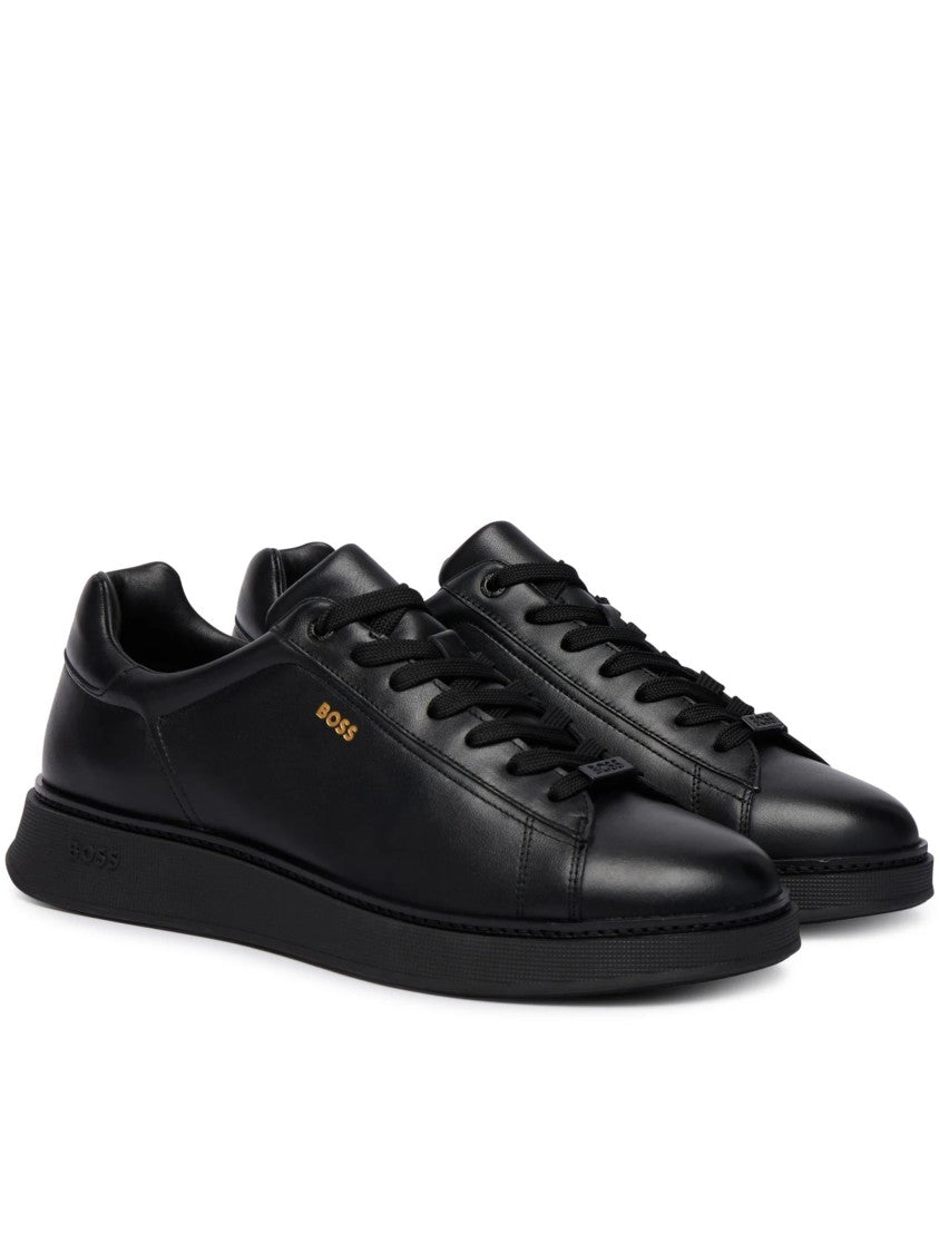Hugo Boss Black Smooth Leather Gold Logo Sneakers