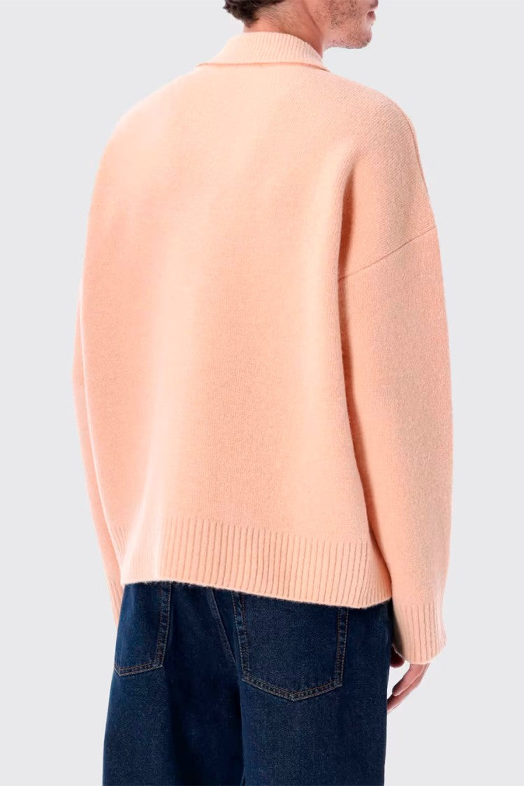 Ami Paris Peach Alpaca-Wool Blend Heart-Logo Polo Sweater